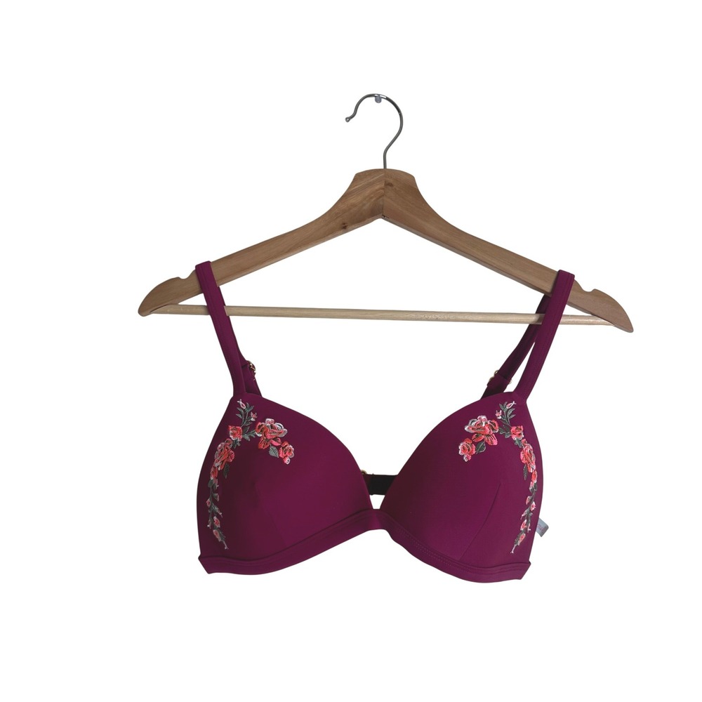 Island Soul Bikini Top Women's Floral Embroidered Swim Top Burgundy Size M